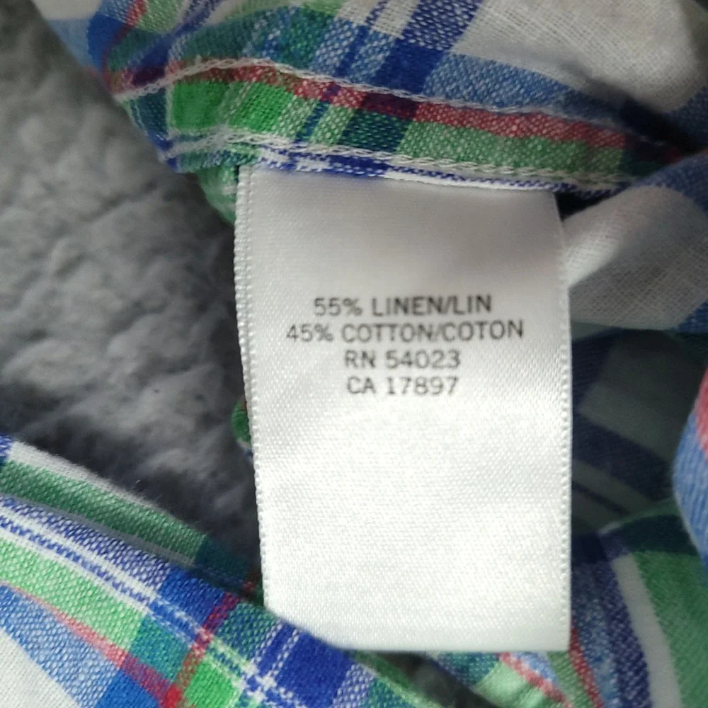 Banana Republic Mens Button Down Shirt L‎ Roll Tab Plaid Linen Cotton Blend